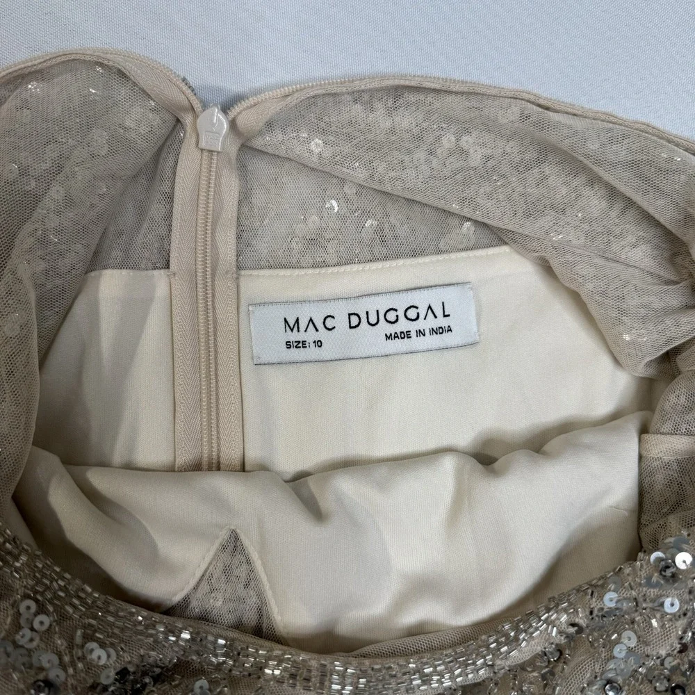 Mac Duggal Nude Silver Illusion Sheer Cap Sleeve Bead Sequin Belted Modest 5532 - Picture 12 of 16